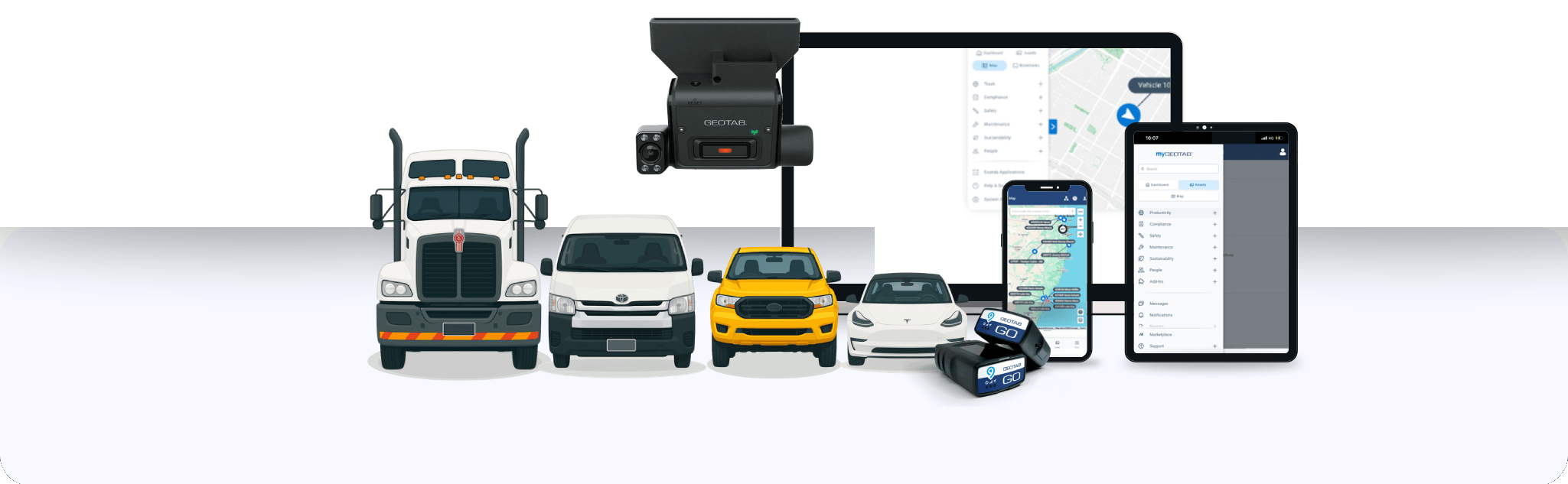 Fleet vehicles connected to Geotab GO telematics devices, feeding live data into a desktop dashboard and mobile app